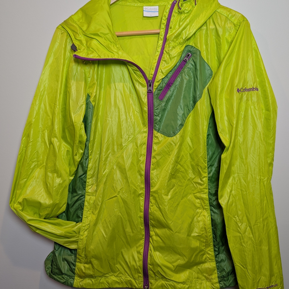 Columbia Women's Size XL Omni Shield Lime Green/Purple Colorblock Windbreaker